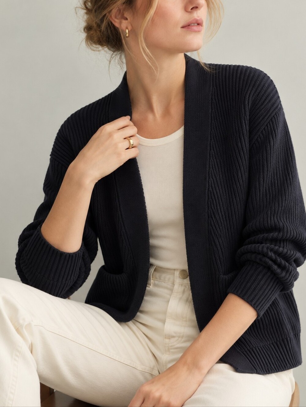 Quince Organic Cotton Black Ribbed Open Front Cardigan Womens Size Large